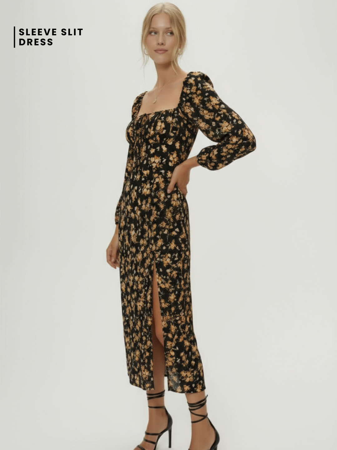 Soraya Floral Flounce Sleeve Slit Dress - Gold