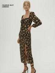 Soraya Floral Flounce Sleeve Slit Dress - Gold