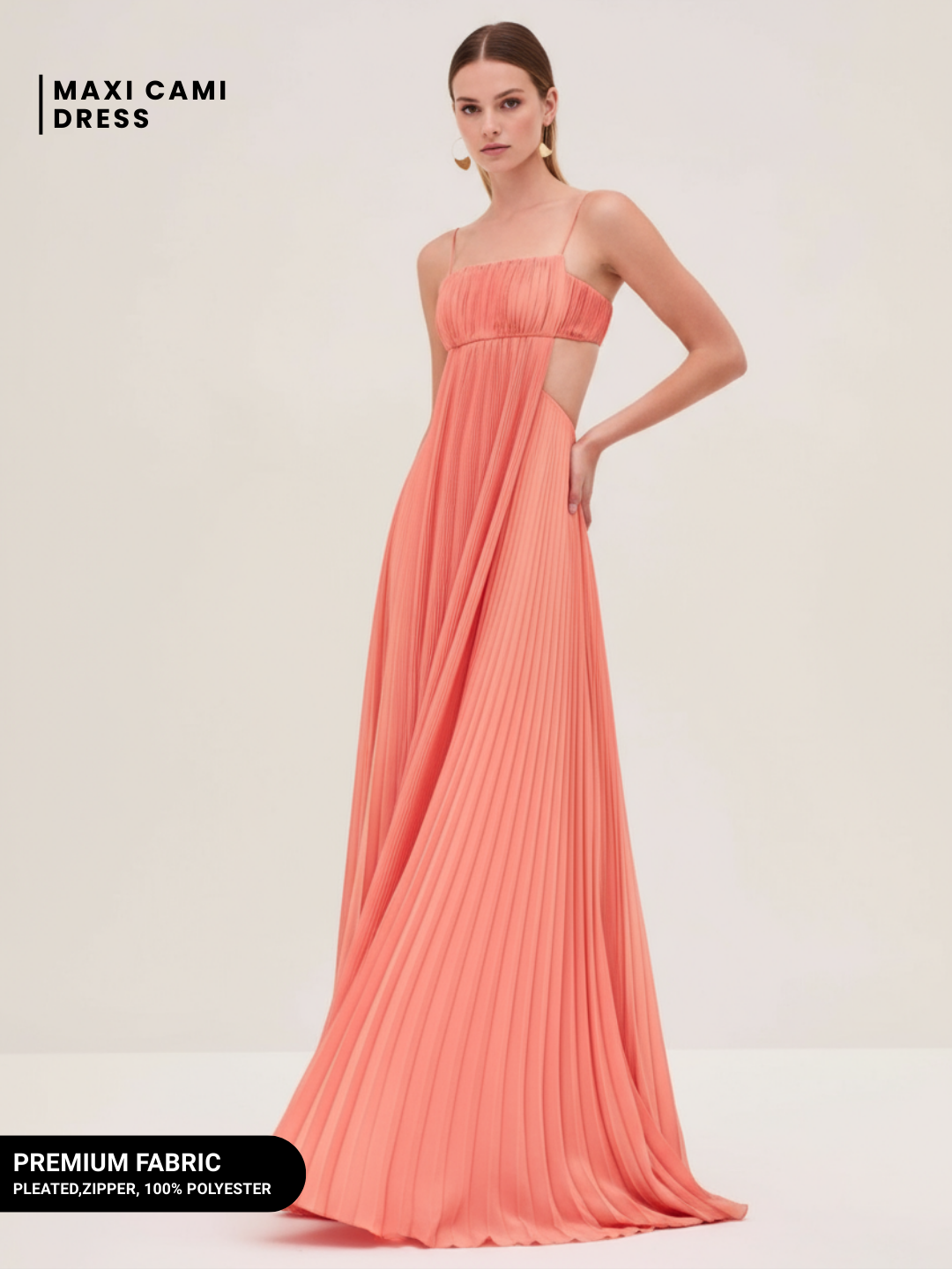 Selviera Cutout Ruched Maxi Cami Dress - Carrot Red