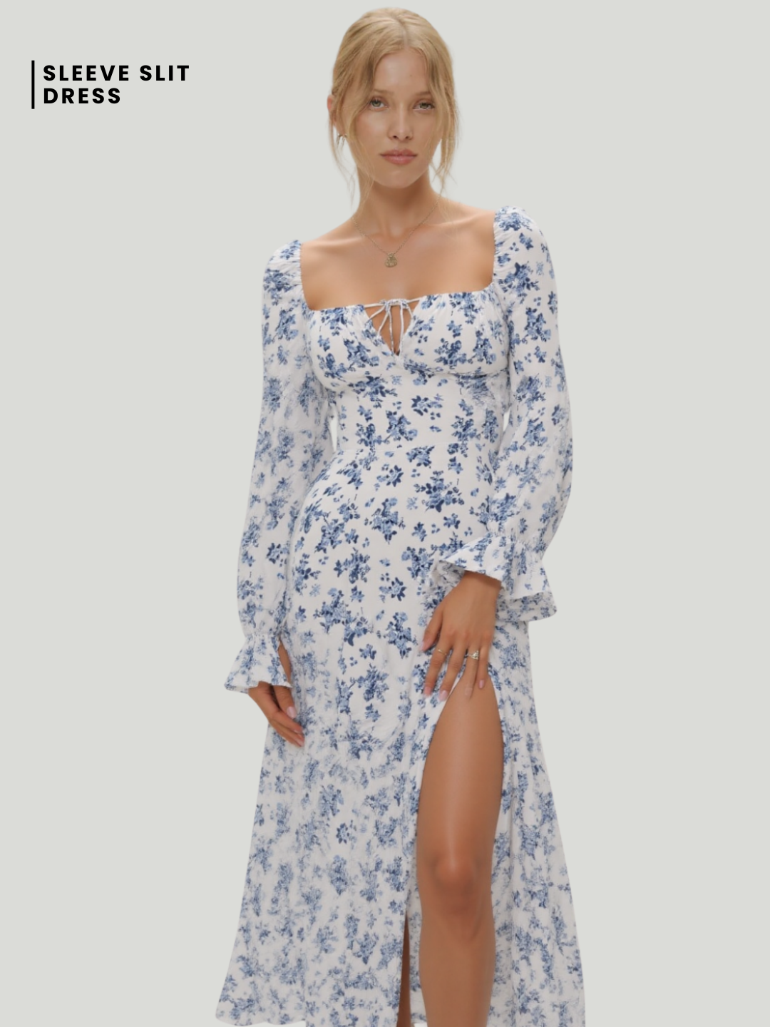 Soraya Floral Flounce Sleeve Slit Dress - White
