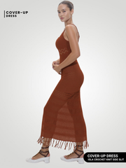 Liora Openwork Scoop Neck Tassel Cover-Up Dress - Brown