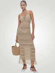 Liora Openwork Scoop Neck Tassel Cover-Up Dress - Camel