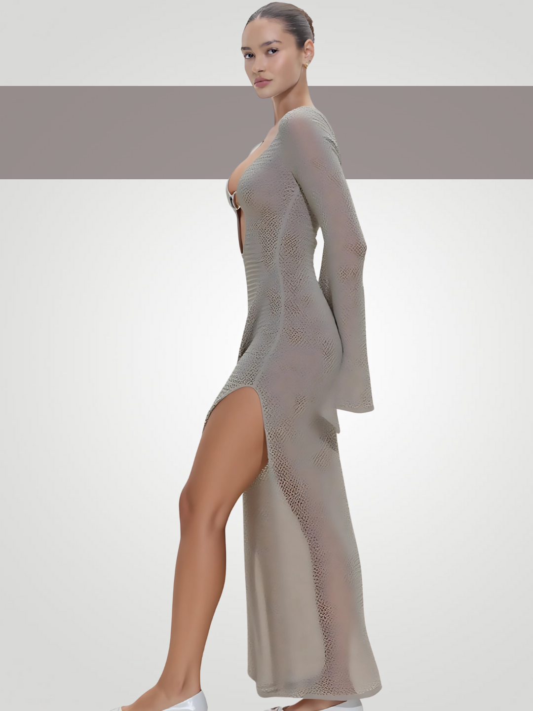 Serena Slit Plunge Flare Sleeve Cover-Up Dress – Beige