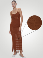 Liora Openwork Scoop Neck Tassel Cover-Up Dress - Brown