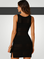 Isla Crochet Knit Side Slit Cover-Up Dress - Black Crochet