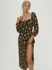 Soraya Floral Flounce Sleeve Slit Dress - Gold