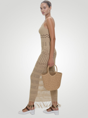 Liora Openwork Scoop Neck Tassel Cover-Up Dress - Camel