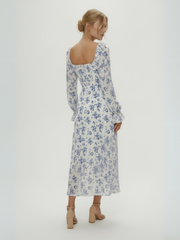 Soraya Floral Flounce Sleeve Slit Dress - White
