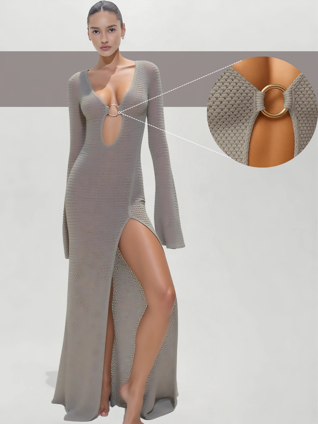 Serena Slit Plunge Flare Sleeve Cover-Up Dress – Beige