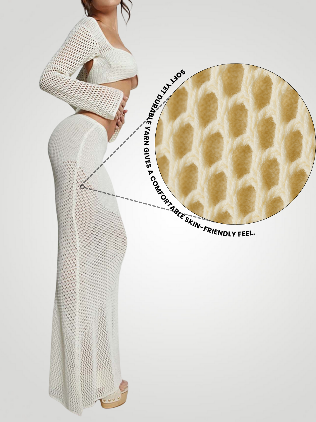 Soleia Tied Long Sleeve Top & Skirt Cover-Up Set - Beige