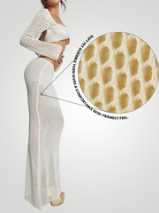 Soleia Tied Long Sleeve Top & Skirt Cover-Up Set - Beige