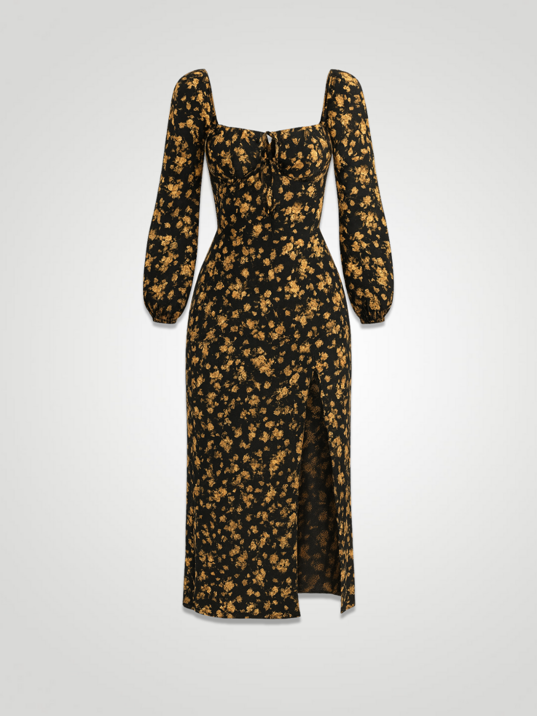 Soraya Floral Flounce Sleeve Slit Dress - Gold