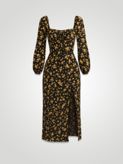 Soraya Floral Flounce Sleeve Slit Dress - Gold