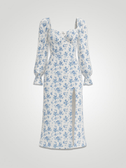 Soraya Floral Flounce Sleeve Slit Dress - White
