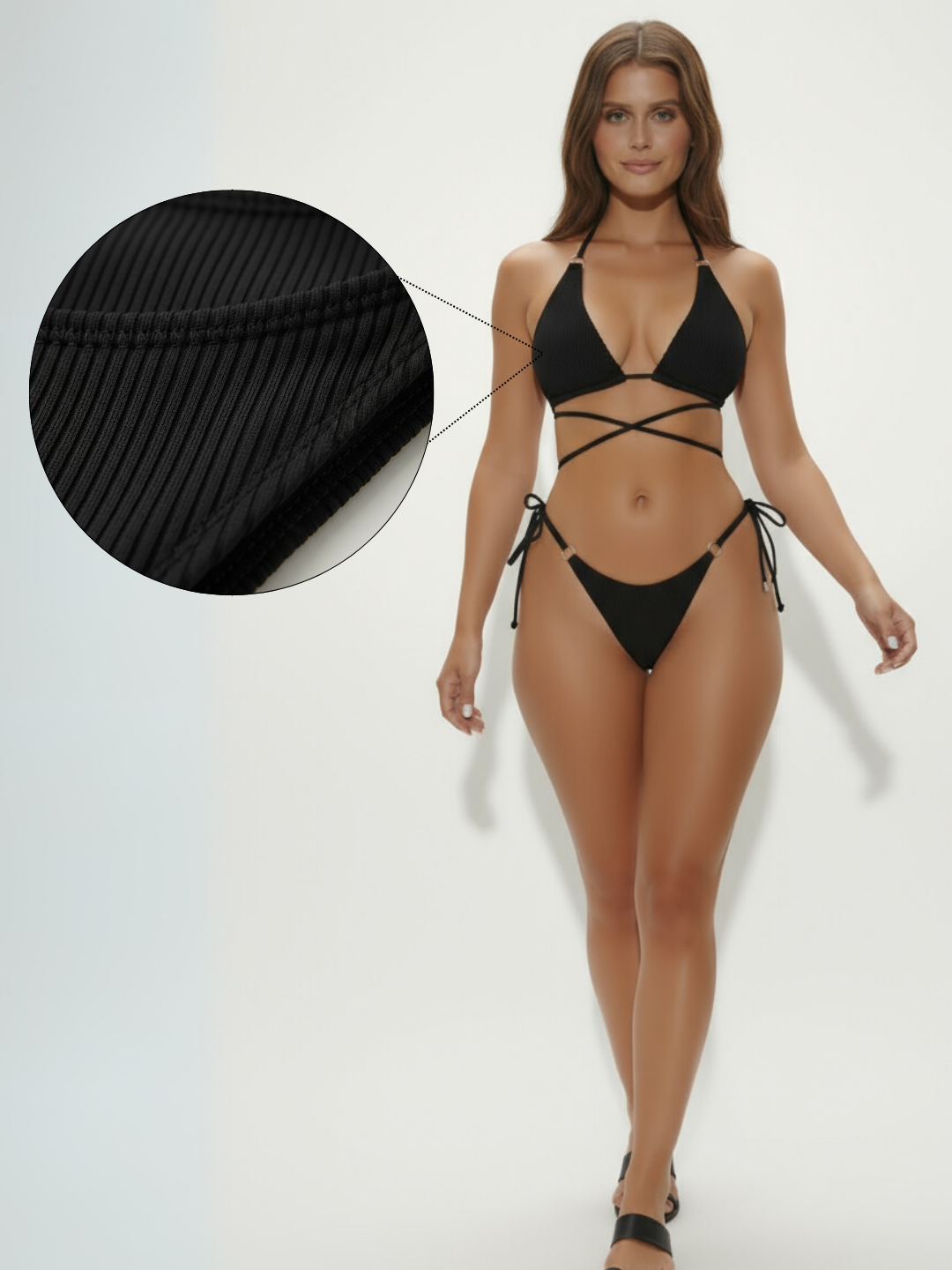 Solana Textured Halter Tie Bikini Set - Black