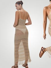 Liora Openwork Scoop Neck Tassel Cover-Up Dress - Camel