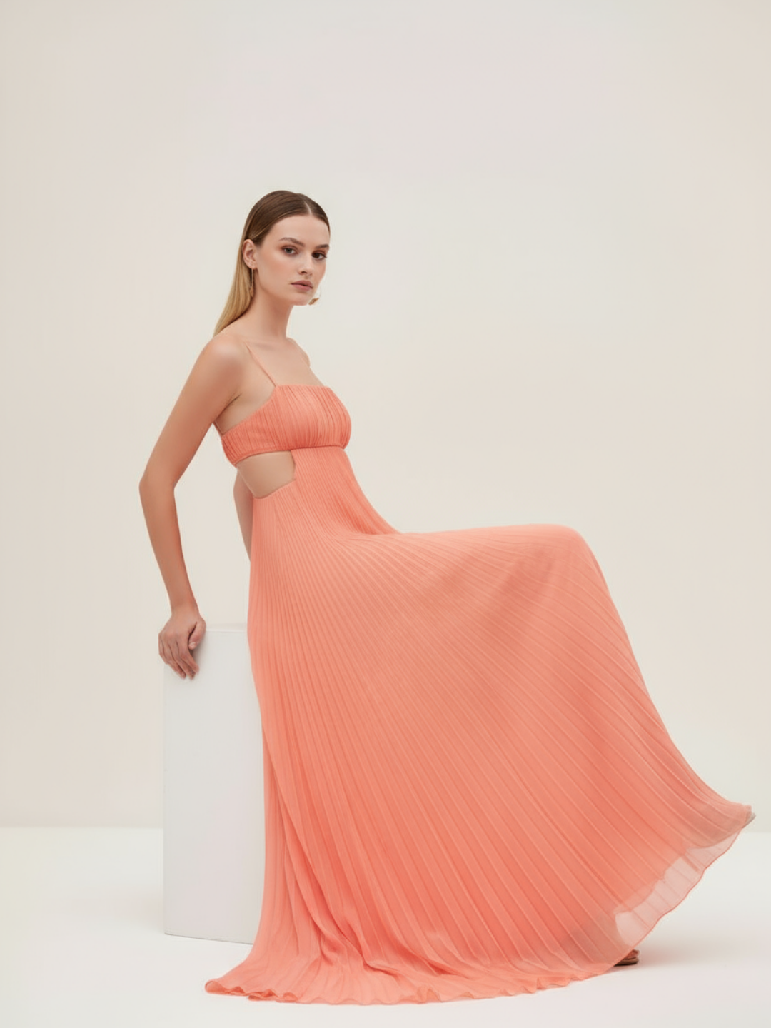 Selviera Cutout Ruched Maxi Cami Dress - Carrot Red