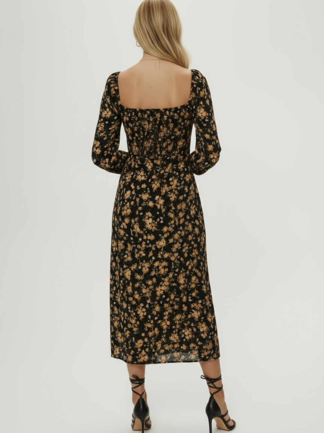 Soraya Floral Flounce Sleeve Slit Dress - Gold