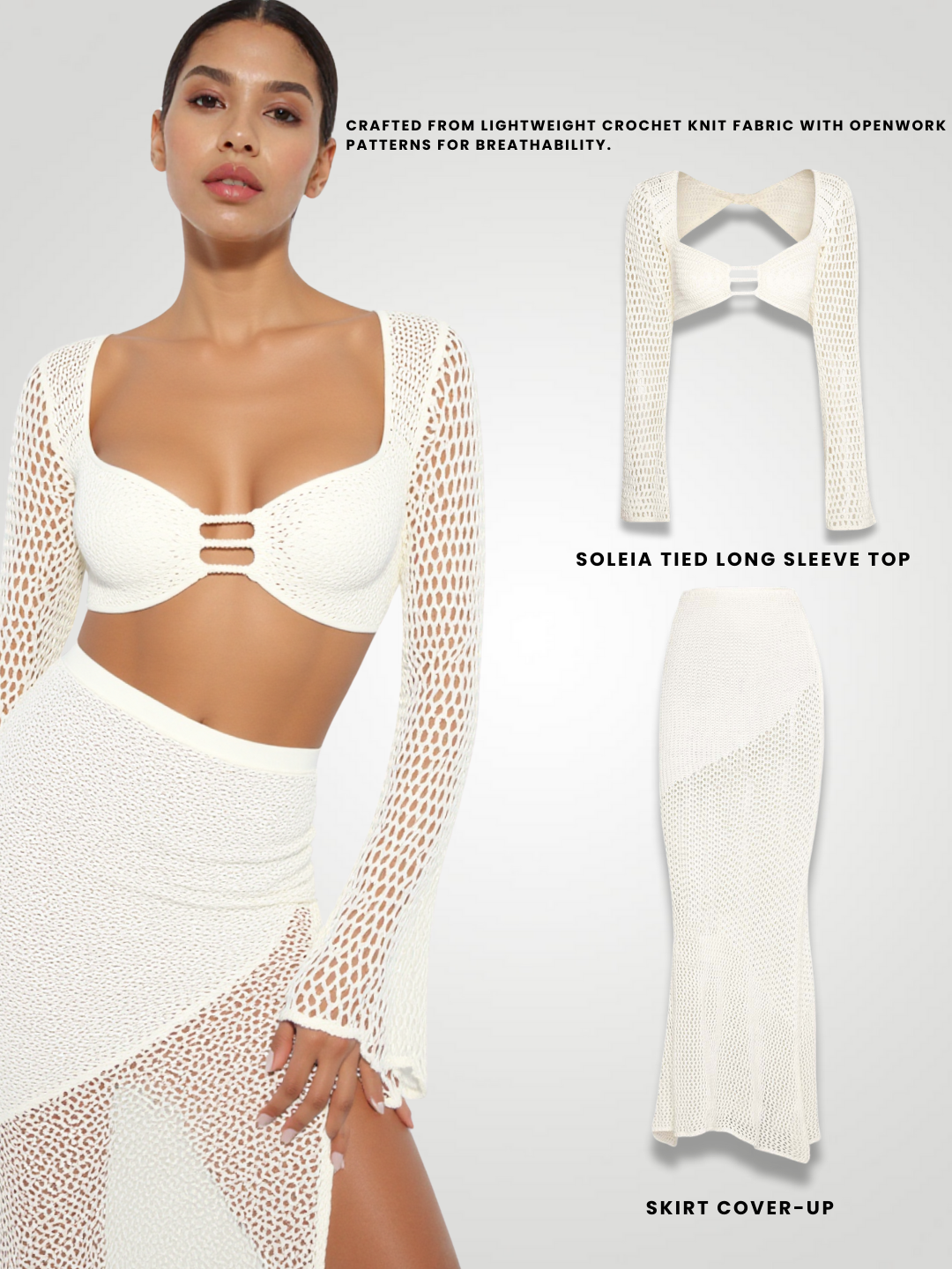 Soleia Tied Long Sleeve Top & Skirt Cover-Up Set - Beige