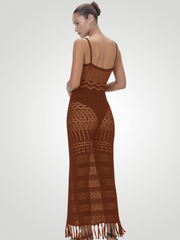 Liora Openwork Scoop Neck Tassel Cover-Up Dress - Brown