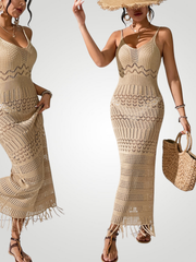 Liora Openwork Scoop Neck Tassel Cover-Up Dress - Camel