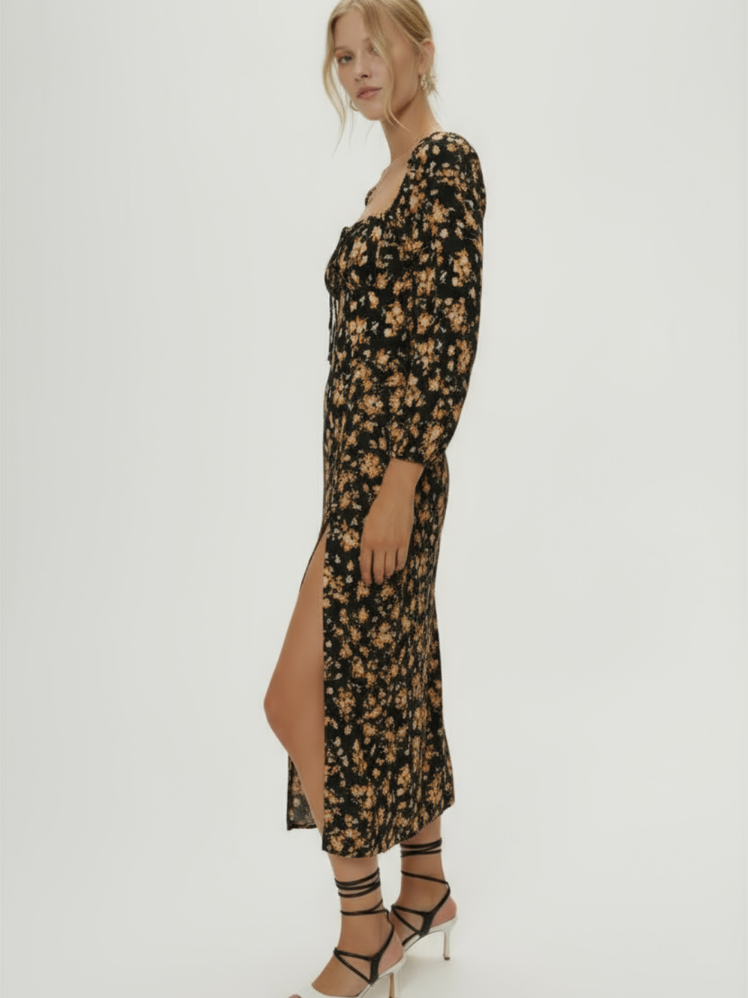 Soraya Floral Flounce Sleeve Slit Dress - Gold