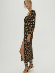 Soraya Floral Flounce Sleeve Slit Dress - Gold