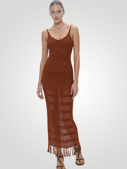 Liora Openwork Scoop Neck Tassel Cover-Up Dress - Brown