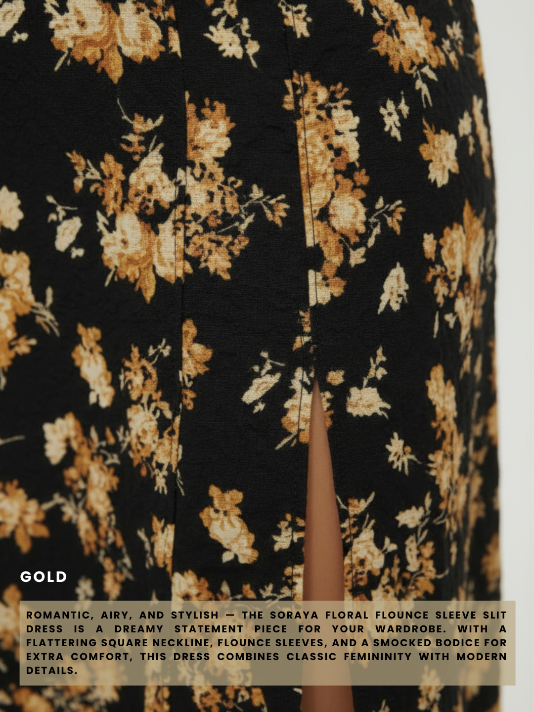 Soraya Floral Flounce Sleeve Slit Dress - Gold