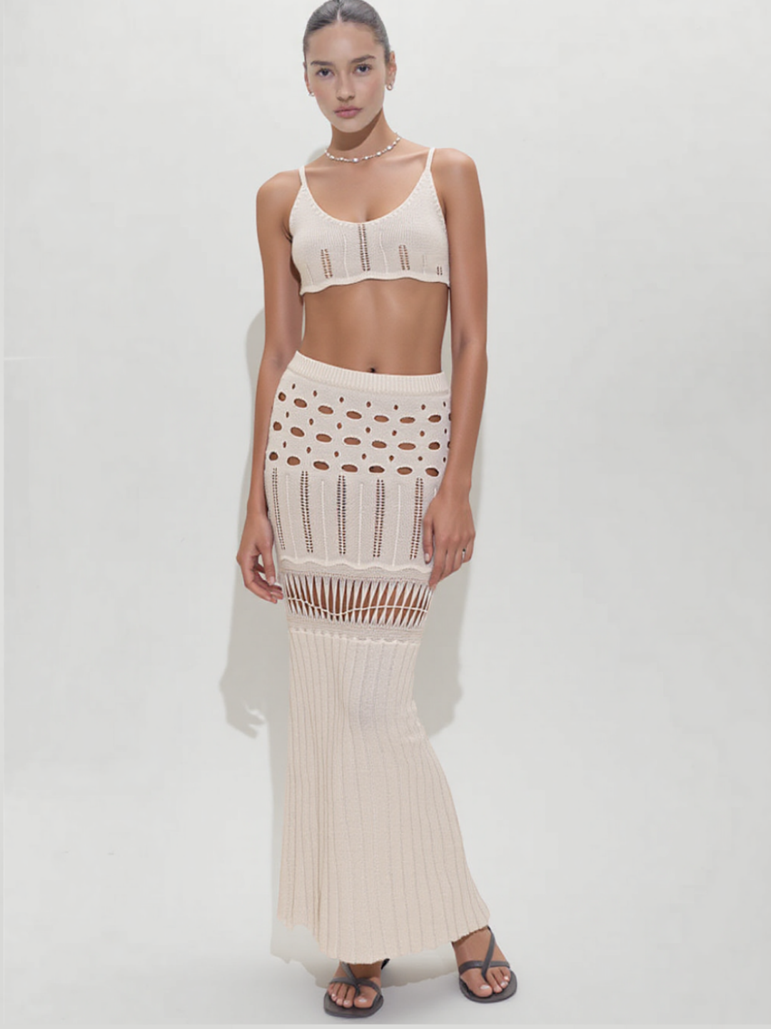 Elara Openwork Scoop Neck Cover-Up Set  - Beige