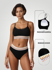 Textured Contrast Banding High Waist Bikini Set – Two-Piece Swimsuit - Black
