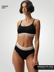 Textured Contrast Banding High Waist Bikini Set – Two-Piece Swimsuit - Black