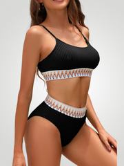 Textured Contrast Banding High Waist Bikini Set – Two-Piece Swimsuit - Black