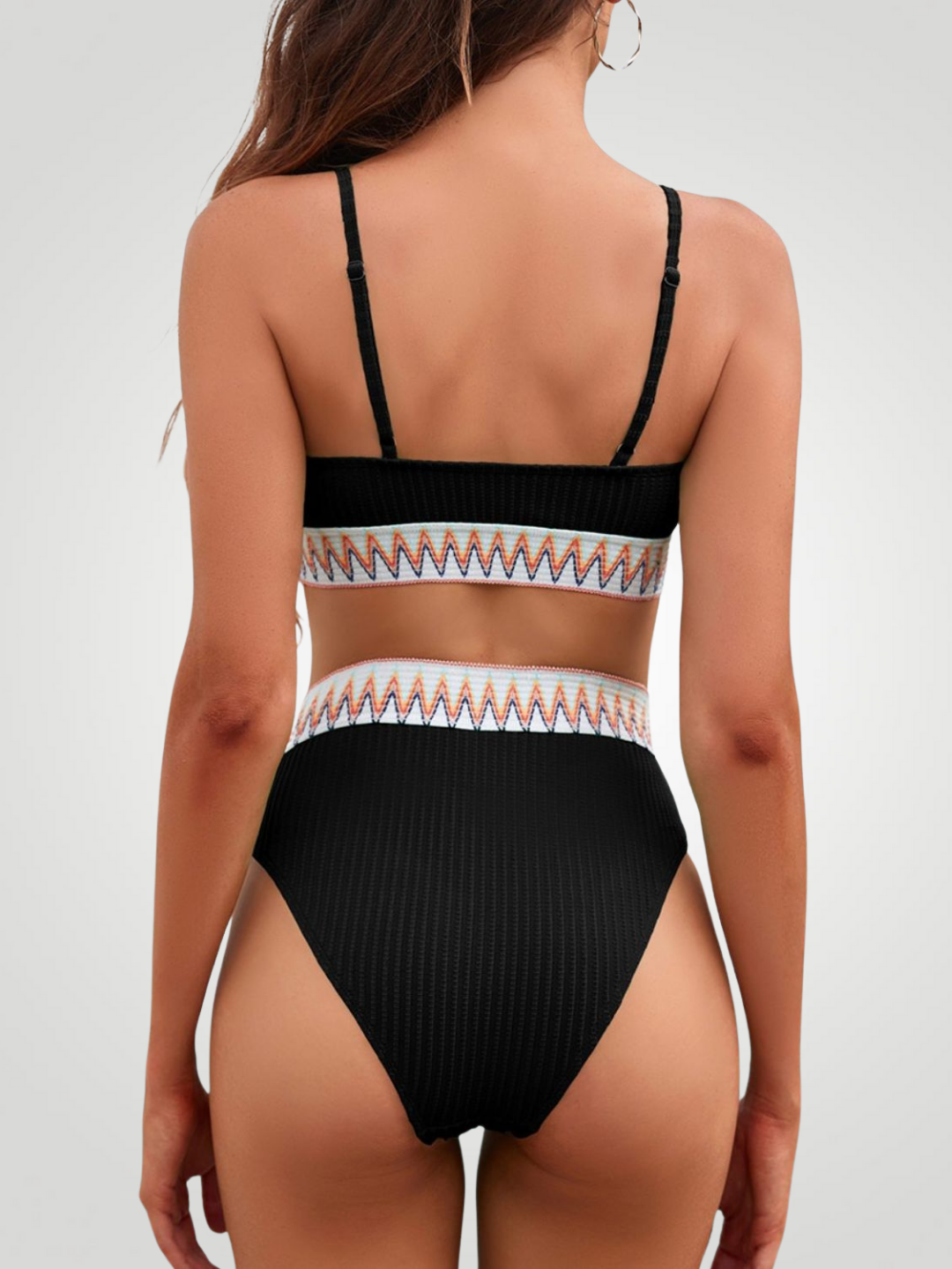 Textured Contrast Banding High Waist Bikini Set – Two-Piece Swimsuit - Black