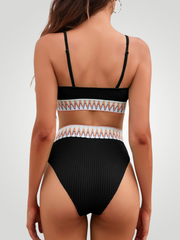 Textured Contrast Banding High Waist Bikini Set – Two-Piece Swimsuit - Black