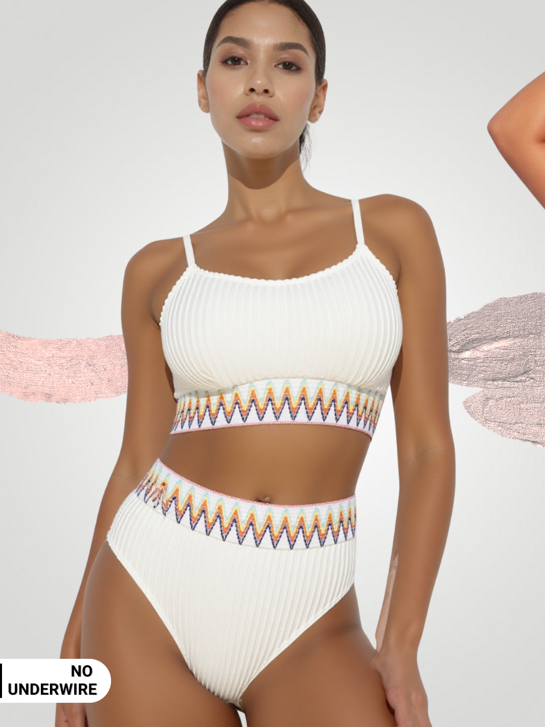 Textured Contrast Banding High Waist Bikini Set – Two-Piece Swimsuit - Off White