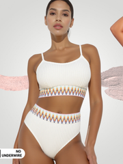 Textured Contrast Banding High Waist Bikini Set – Two-Piece Swimsuit - Off White