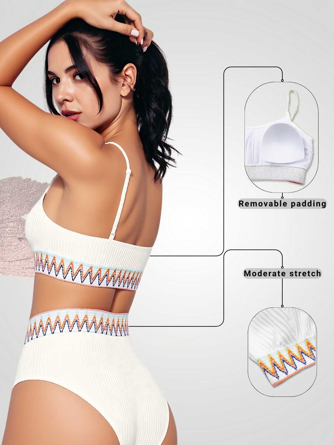 Textured Contrast Banding High Waist Bikini Set – Two-Piece Swimsuit - Off White