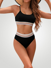 Textured Contrast Banding High Waist Bikini Set – Two-Piece Swimsuit - Black