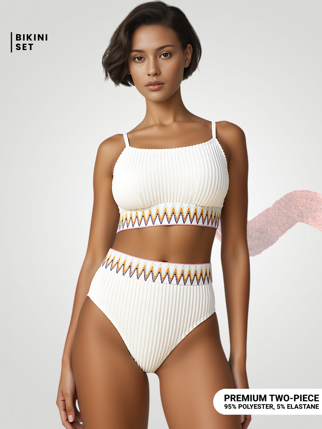 Textured Contrast Banding High Waist Bikini Set – Two-Piece Swimsuit - Off White